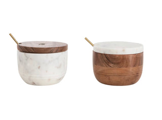 Marble & Acacia Wood Bowl w/ Lid & Brass Spoon Set of 2