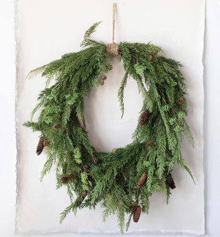 Faux Pine Wreath with Pinecones and Jute Hanger