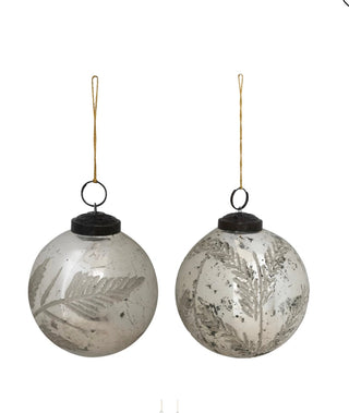 4" Mercury Glass Ball Ornament with Etched Botanical