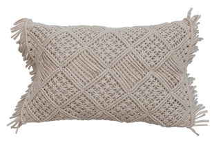 Cotton Macrame Lumbar Pillow w/ Fringe Pillow 20" X 12" Cream