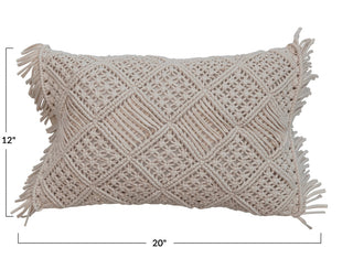 Cotton Macrame Lumbar Pillow w/ Fringe Pillow 20" X 12" Cream