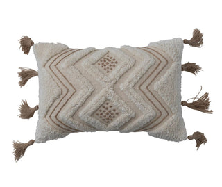 14"L x 9"H Cotton Slub Lumbar Pillow w/ Tufting, Embroidery & Jute Tassels, Natural