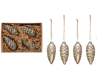 4"H Mercury Glass Pinecone Ornaments, Antique Silver Finish Set of 4