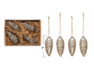 4"H Mercury Glass Pinecone Ornaments, Antique Silver Finish Set of 4