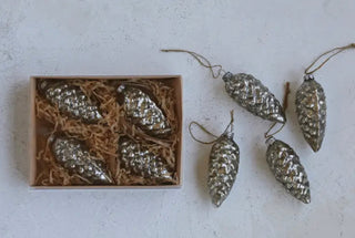 4"H Mercury Glass Pinecone Ornaments, Antique Silver Finish Set of 4