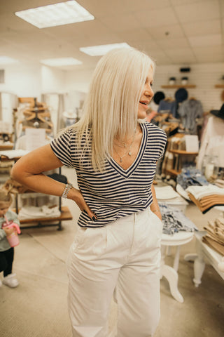 Perfect White Tee Alanis Cotton V Neck- Navy Stripes