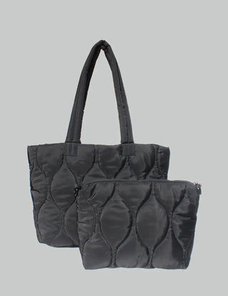 Natalie Quilted Hourglass Tote- Black