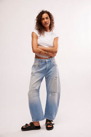 Free People Good Luck Mid Rise Barrel Jeans- Barnyard Blue