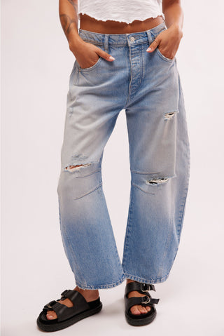 Free People Good Luck Mid Rise Barrel Jeans- Barnyard Blue