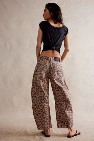 Free People Good Luck Printed Barrel Jeans - Brown Sugar Combo