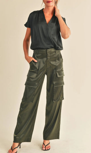 Cassie Satin Cargo Pants - Olive