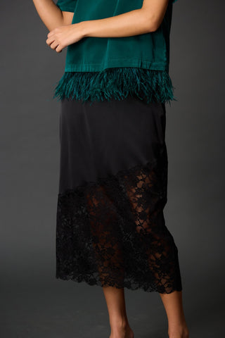 Satin Pencil Skirt with Asymmetrical Lace Contrast // Black