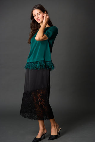 Satin Pencil Skirt with Asymmetrical Lace Contrast // Black