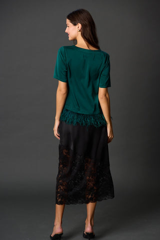 Satin Pencil Skirt with Asymmetrical Lace Contrast // Black