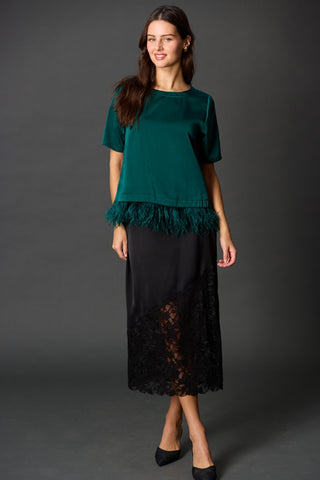 Satin Pencil Skirt with Asymmetrical Lace Contrast // Black